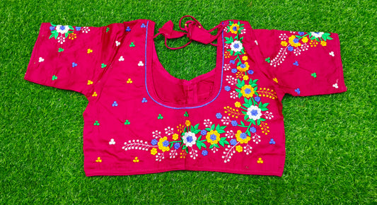 XYZ Earth Fashion Embroidery stitched silk blouse, Flower Chain Design, Magenta Colour