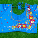 XYZ Earth Fashion Embroidery stitched silk blouse, Flower Chain Design, Dodger Blue Colour