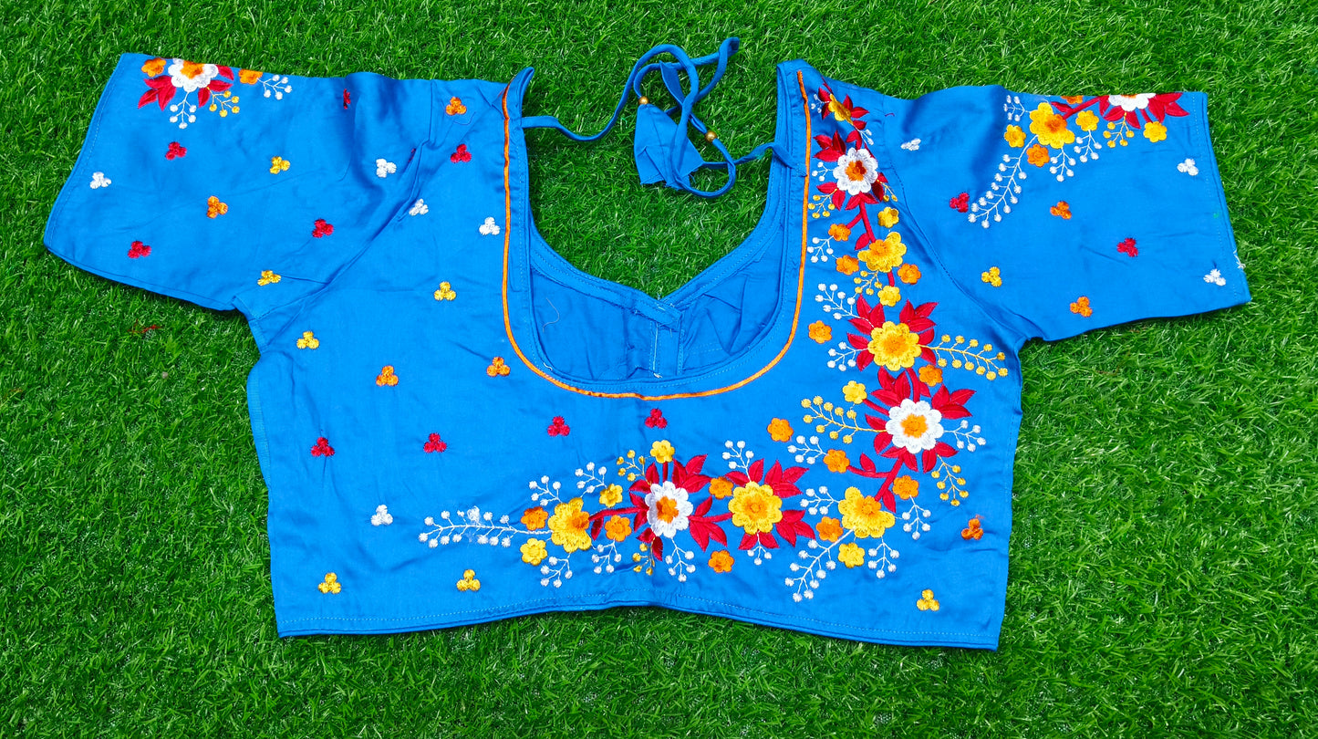 XYZ Earth Fashion Embroidery stitched silk blouse, Flower Chain Design, Dodger Blue Colour