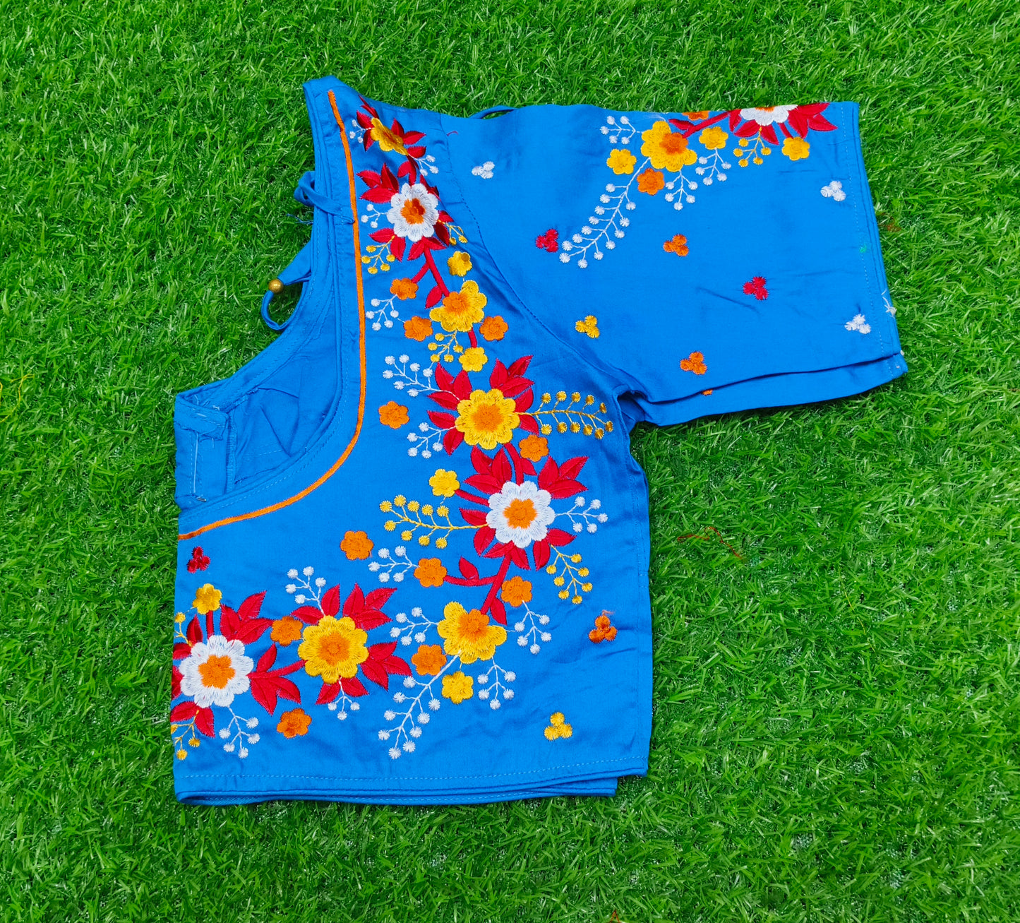 XYZ Earth Fashion Embroidery stitched silk blouse, Flower Chain Design, Dodger Blue Colour