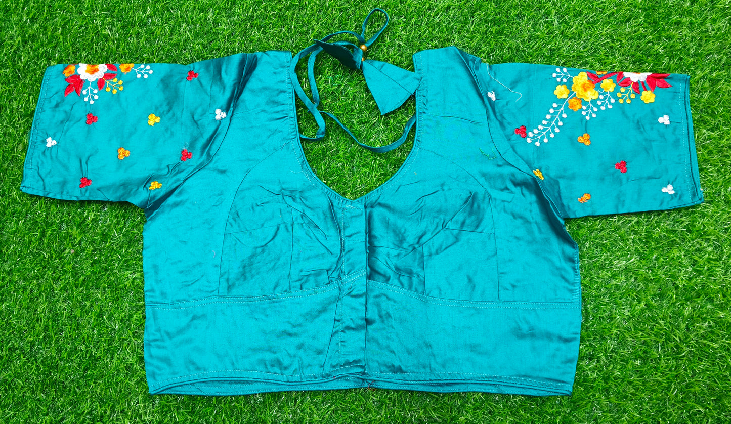 XYZ Earth Fashion Embroidery stitched silk blouse, Flower Chain Design, Turquoise Colour