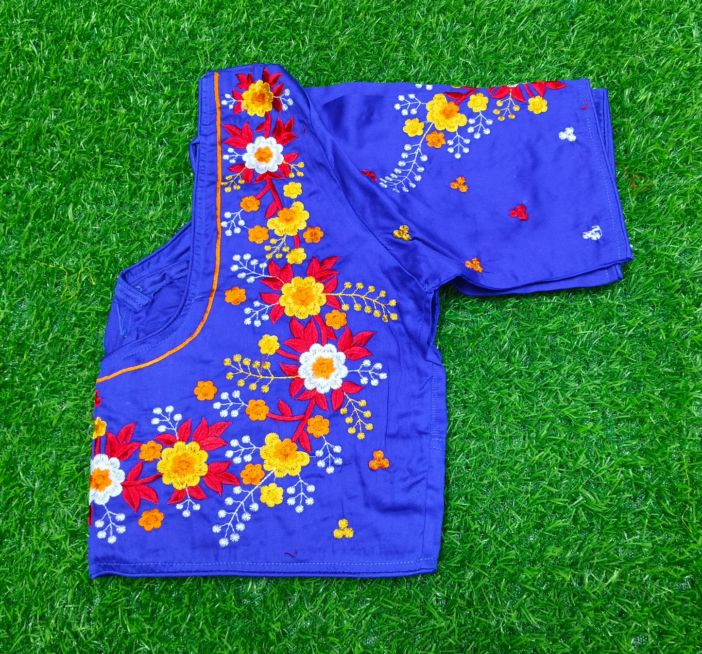 XYZ Earth Fashion Embroidery stitched silk blouse, Flower Chain Design, Royal Blue Colour