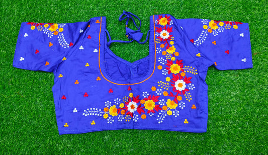 XYZ Earth Fashion Embroidery stitched silk blouse, Flower Chain Design, Royal Blue Colour