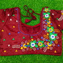 XYZ Earth Fashion Embroidery stitched silk blouse, Flower Chain Design, Brown Colour