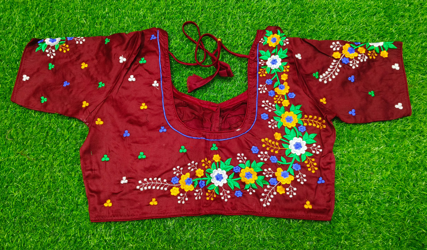 XYZ Earth Fashion Embroidery stitched silk blouse, Flower Chain Design, Brown Colour