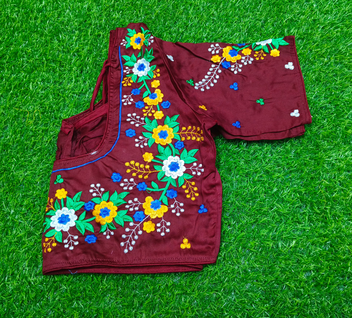 XYZ Earth Fashion Embroidery stitched silk blouse, Flower Chain Design, Brown Colour