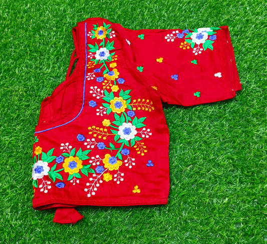 XYZ Earth Fashion Embroidery stitched silk blouse, Flower Chain Design, Red Colour