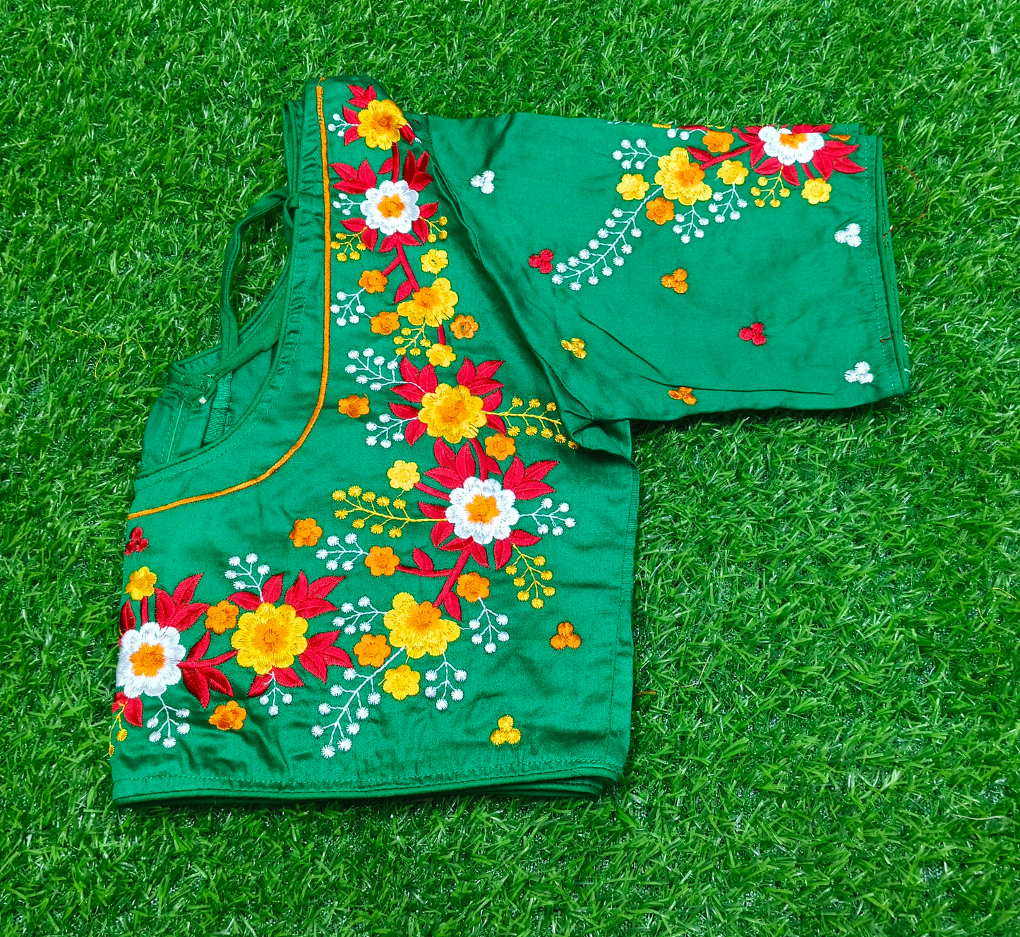 XYZ Earth Fashion Embroidery stitched silk blouse, Flower Chain Design, Green Colour