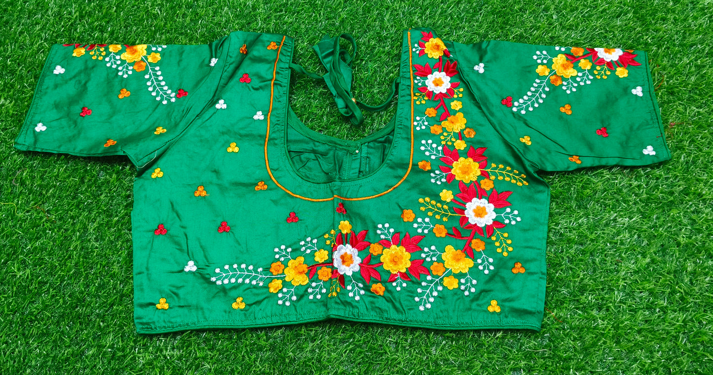 XYZ Earth Fashion Embroidery stitched silk blouse, Flower Chain Design, Green Colour