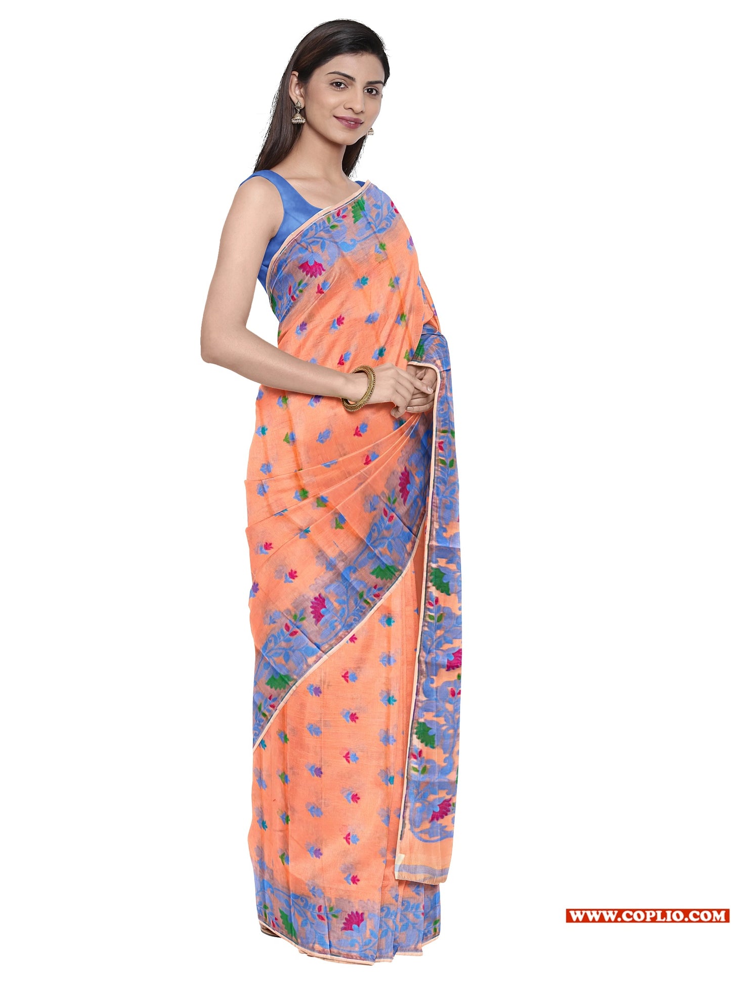 Dhakai Soft Jamdani Bengal saree for women Peach Colour, All Over Weaving Botgach Design