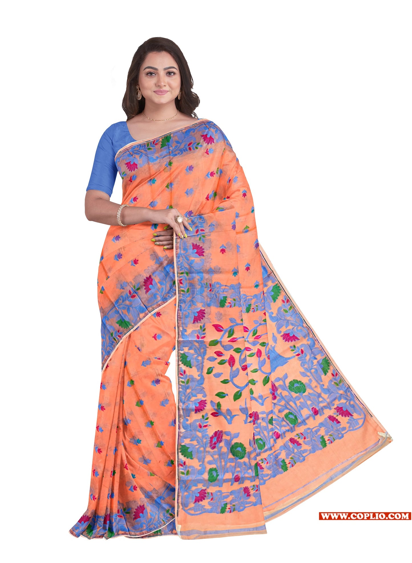 Dhakai Soft Jamdani Bengal saree for women Peach Colour, All Over Weaving Botgach Design