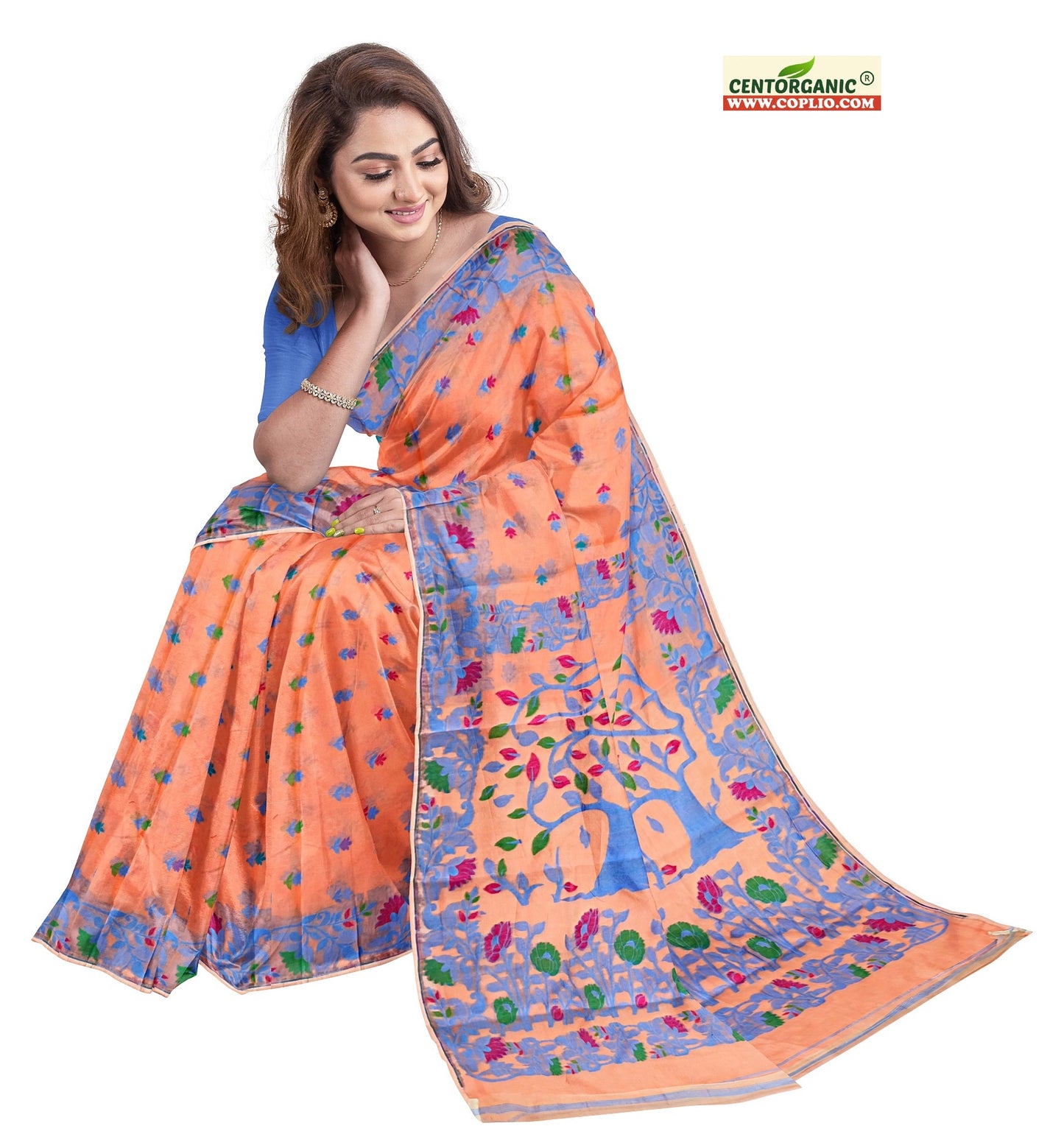 Dhakai Soft Jamdani Bengal saree for women Peach Colour, All Over Weaving Botgach Design