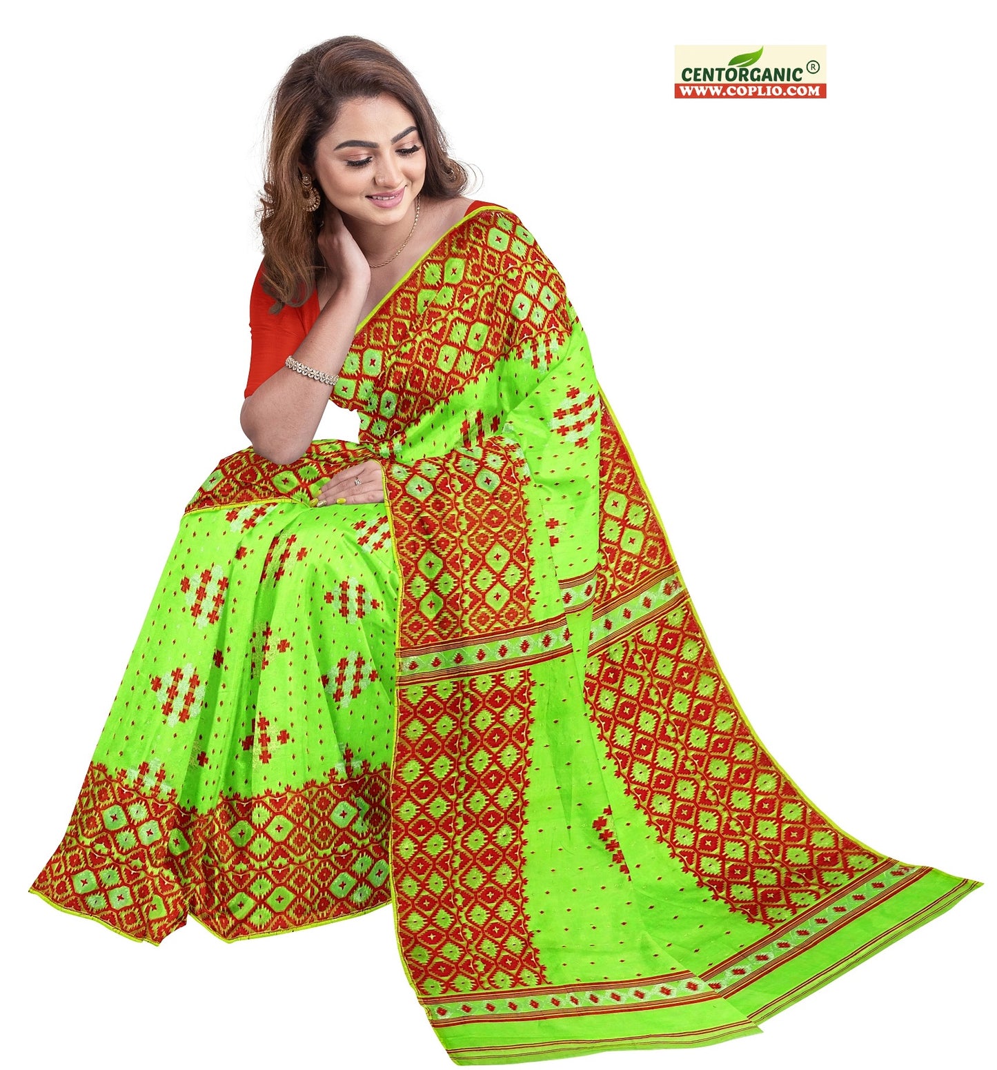 Dhakai Soft Jamdani Bengal saree for women Light Green and Red Combination, All over red thread Design