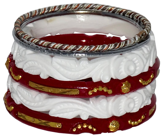 Centorganic sakha pola bangles for women, one pair each of sakha, red pola and iron noa, with free wooden jewellery box. (Design code: CSBM36)