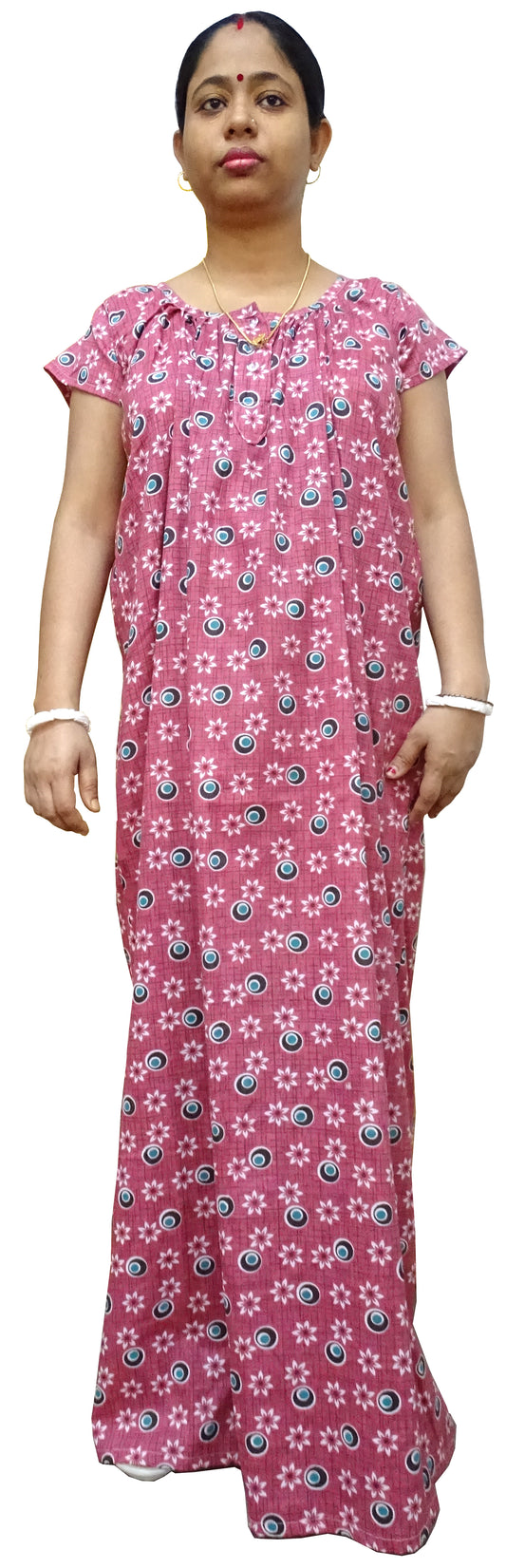 Nighty for Women Cotton Printed, Free Size, Pink with Blue dots (Pack of 1)