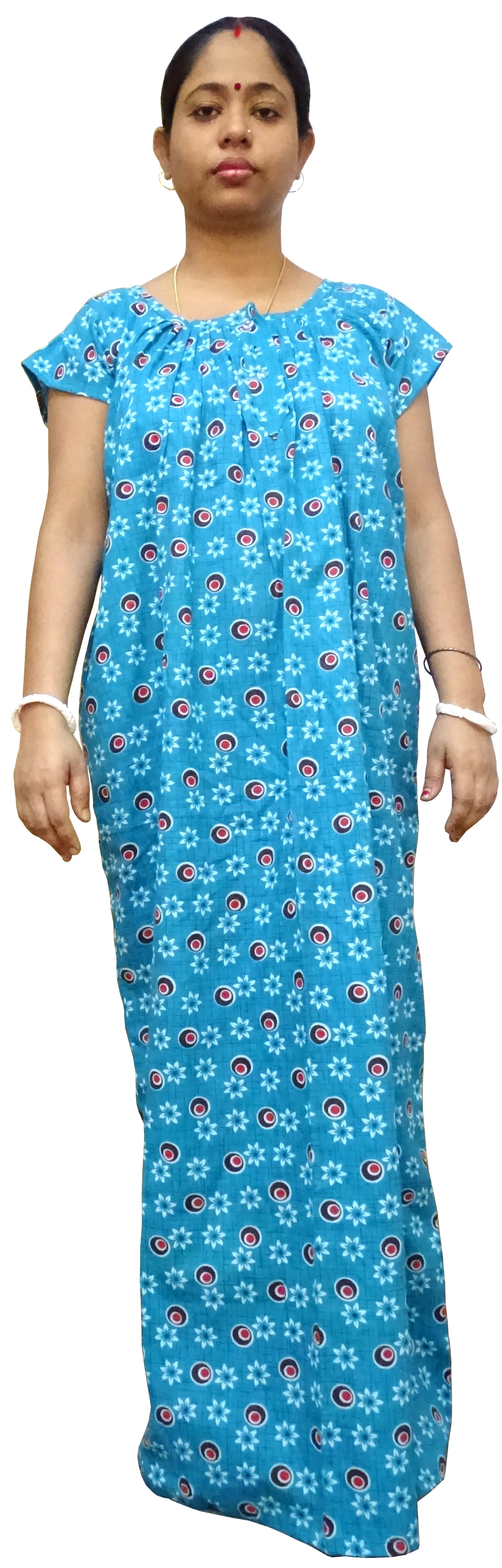 Nighty for Women Cotton Printed, Free Size, Blue body with dots (Pack of 1)