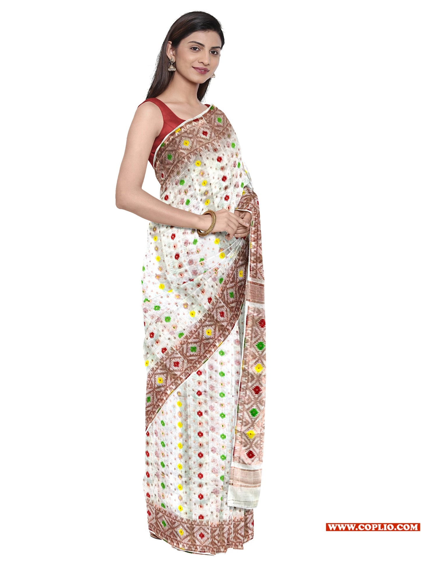Dhakai Soft Jamdani Bengal saree for women White Colour, All Over Weaving Copper Zari Design Jamdani