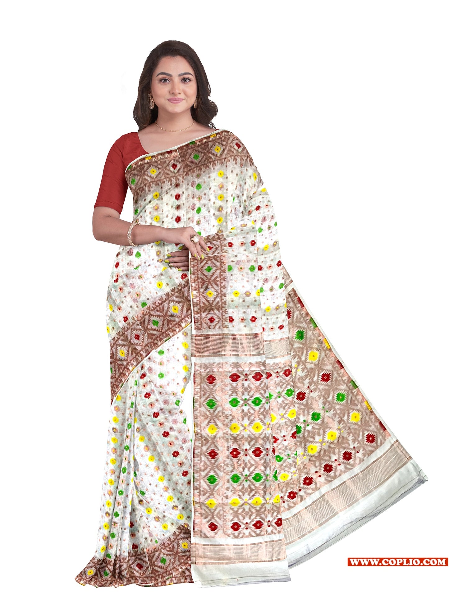 Dhakai Soft Jamdani Bengal saree for women White Colour, All Over Weaving Copper Zari Design Jamdani