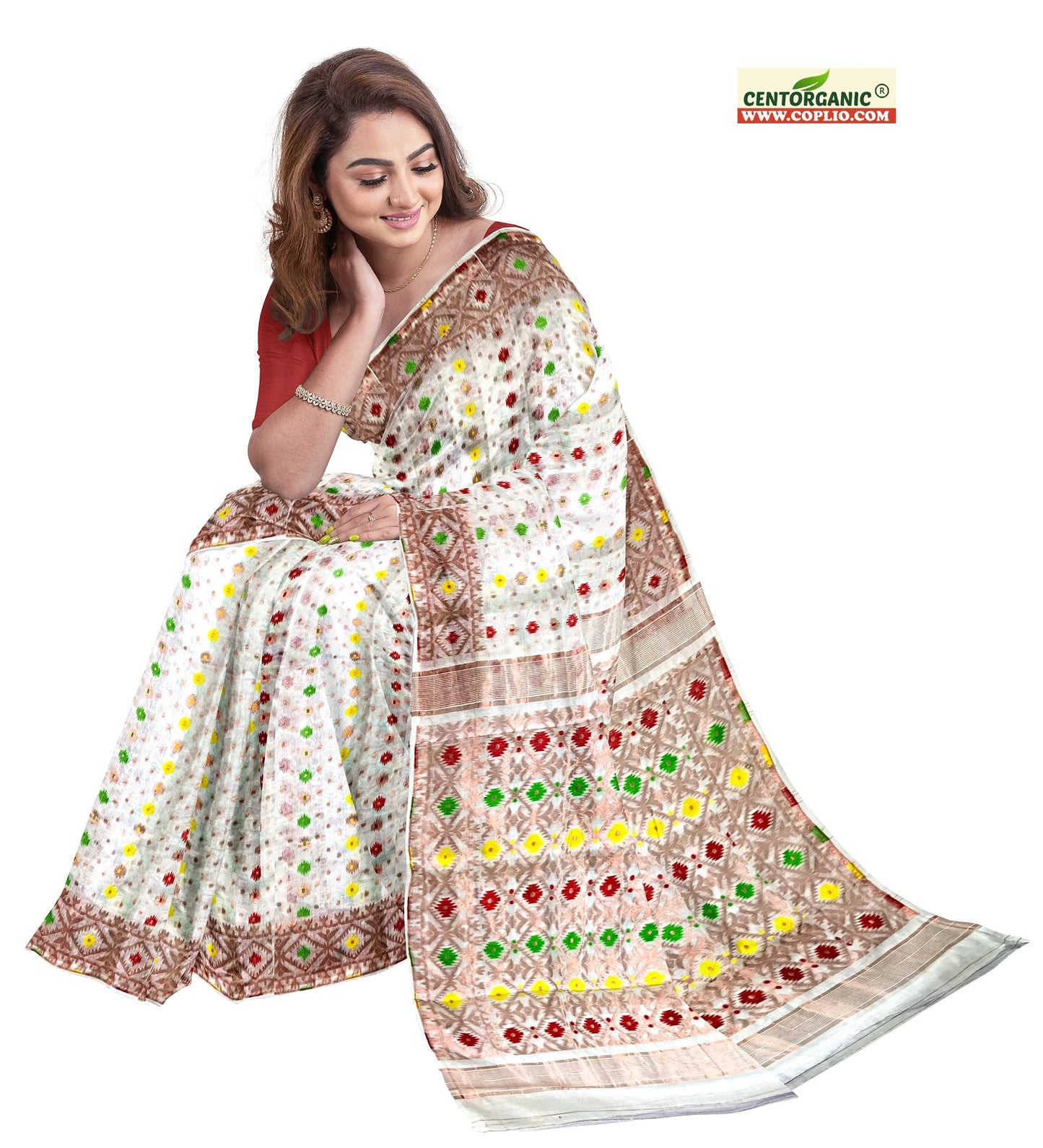 Dhakai Soft Jamdani Bengal saree for women White Colour, All Over Weaving Copper Zari Design Jamdani