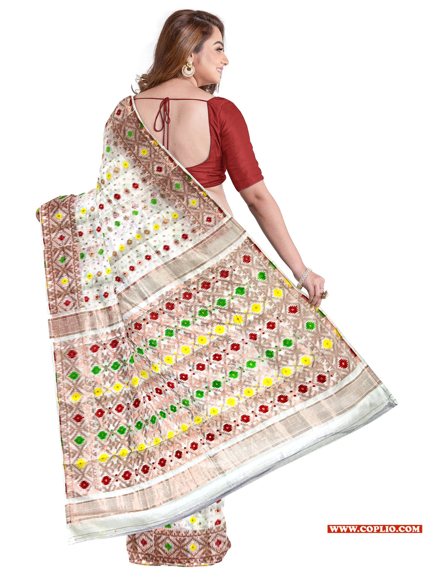 Dhakai Soft Jamdani Bengal saree for women White Colour, All Over Weaving Copper Zari Design Jamdani