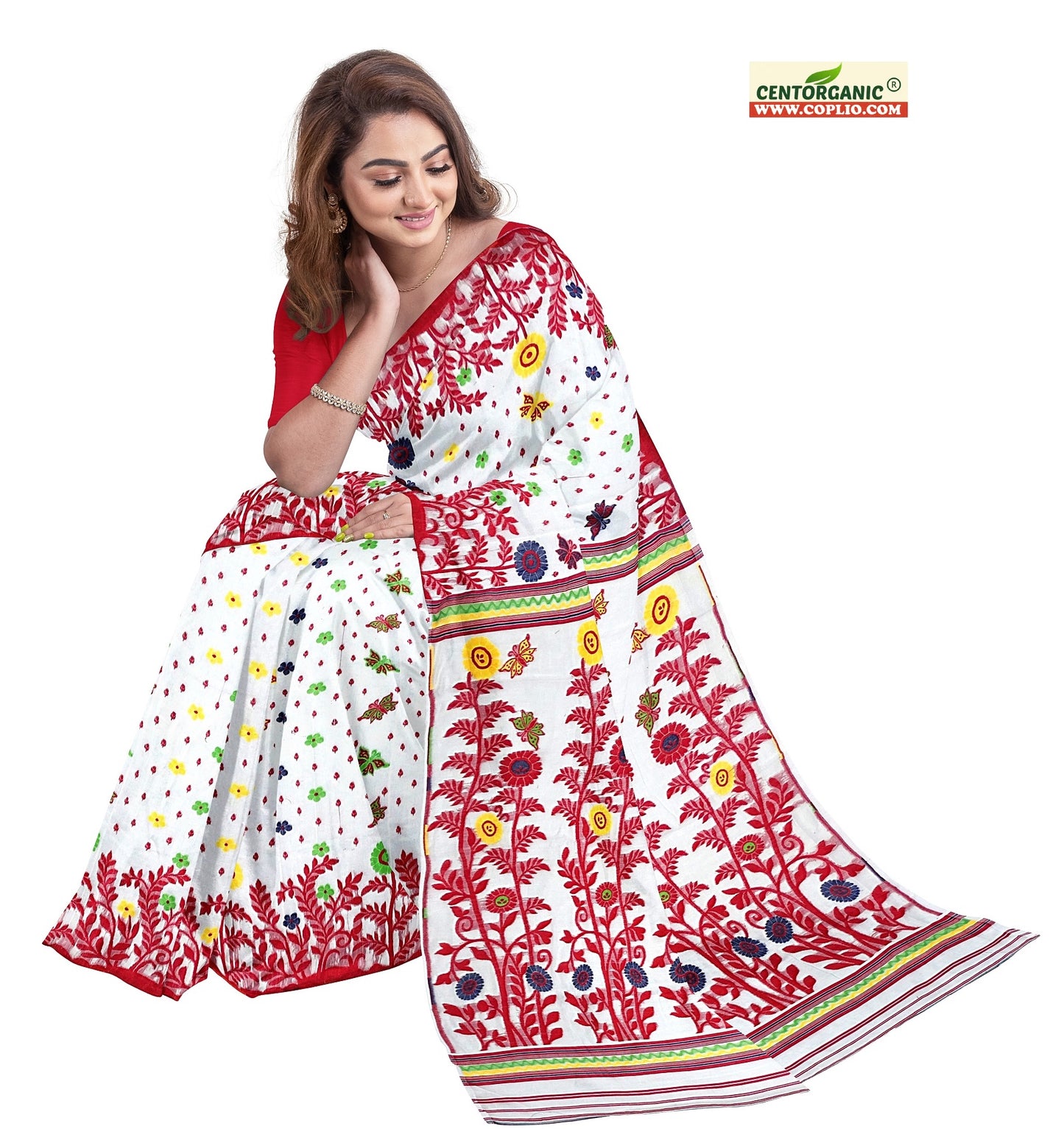 Dhakai Soft Jamdani Bengal saree for women White and Red Combination, All over Floral Design