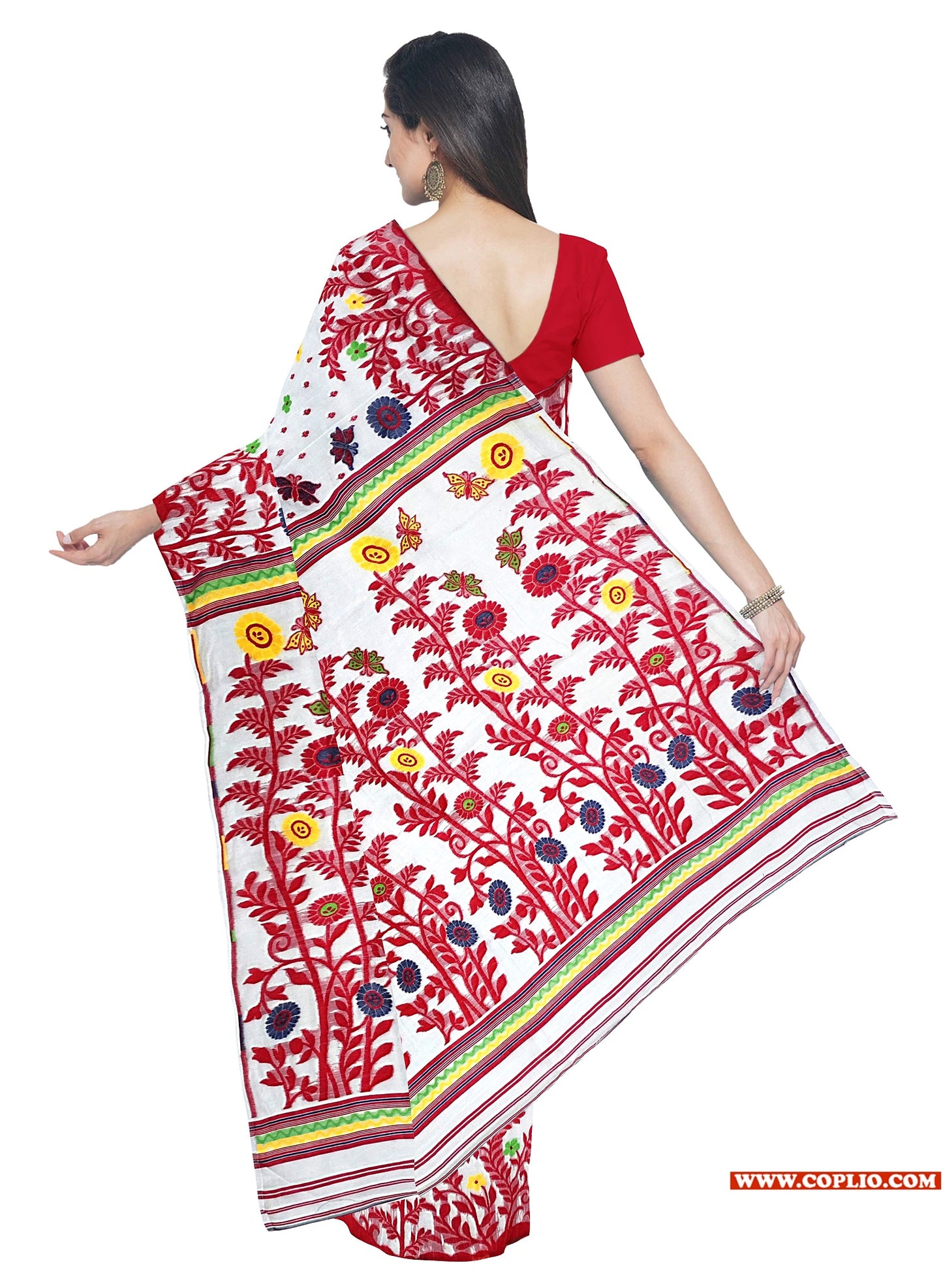 Dhakai Soft Jamdani Bengal saree for women White and Red Combination, All over Floral Design