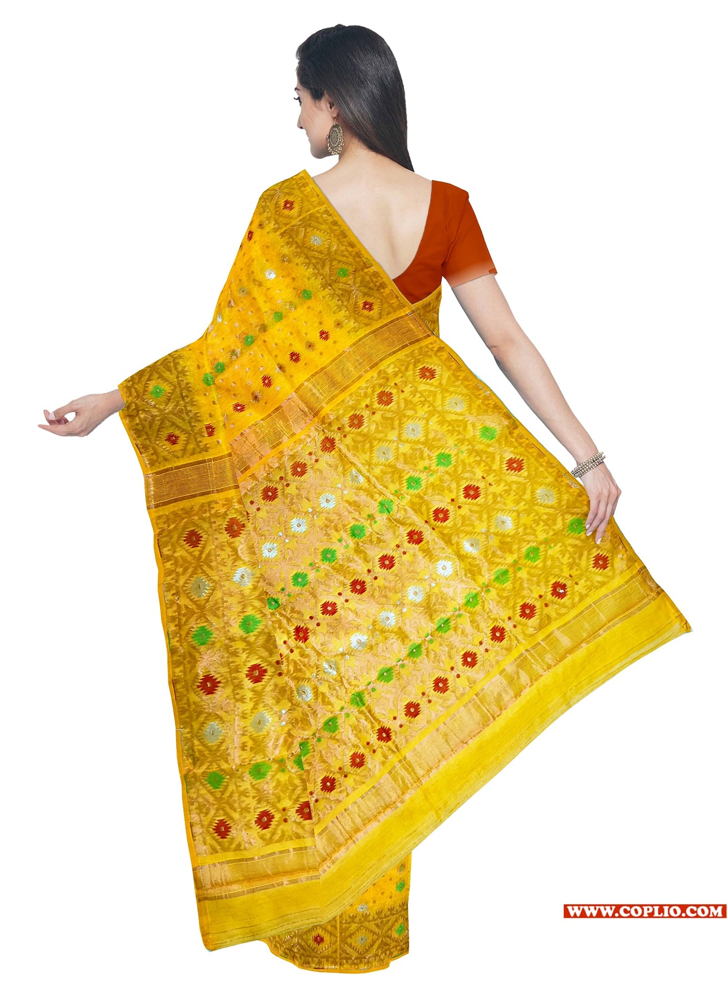 Dhakai Soft Jamdani Bengal saree for women Yellow Colour, All Over Weaving Copper Zari Design Jamdani