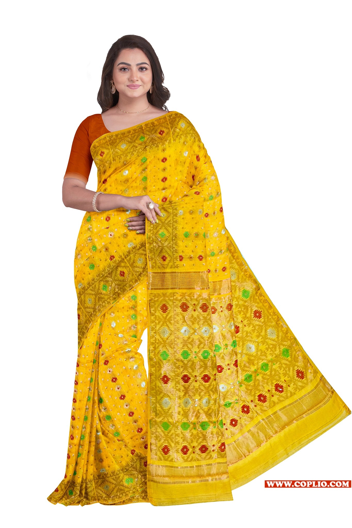 Dhakai Soft Jamdani Bengal saree for women Yellow Colour, All Over Weaving Copper Zari Design Jamdani