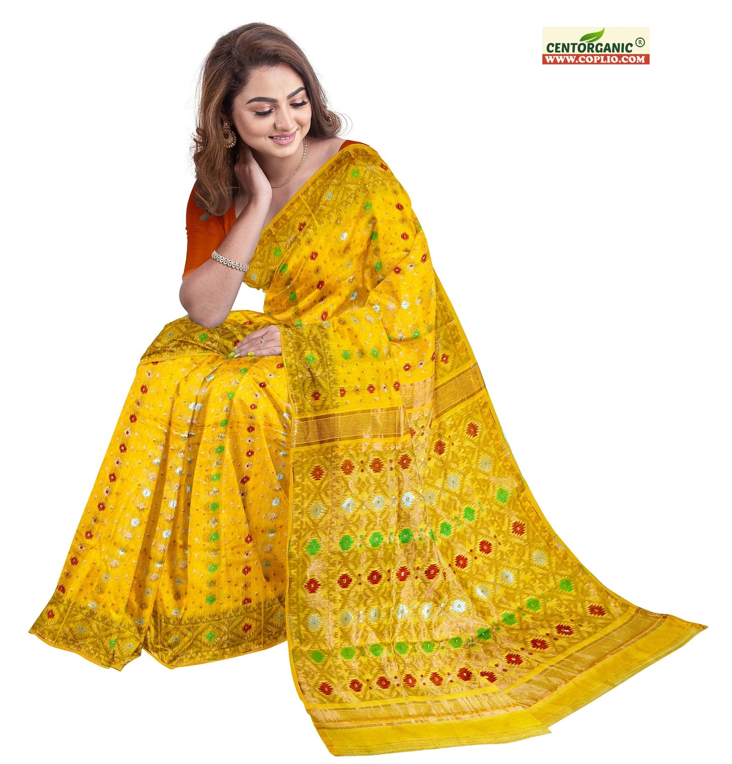 Dhakai Soft Jamdani Bengal saree for women Yellow Colour, All Over Weaving Copper Zari Design Jamdani