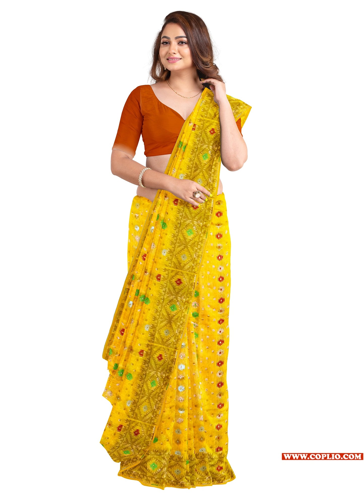 Dhakai Soft Jamdani Bengal saree for women Yellow Colour, All Over Weaving Copper Zari Design Jamdani