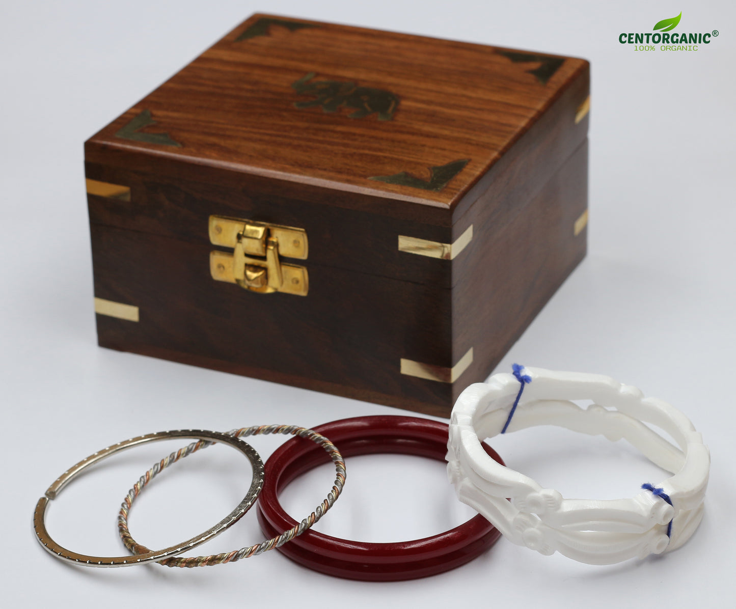 Centorganic Cutting Design sankha pola bangles for women, 1 pair of sankha, 1 pair of red pola, 2 iron noa, with free wooden jewellery box. (Design code: CSBM04)