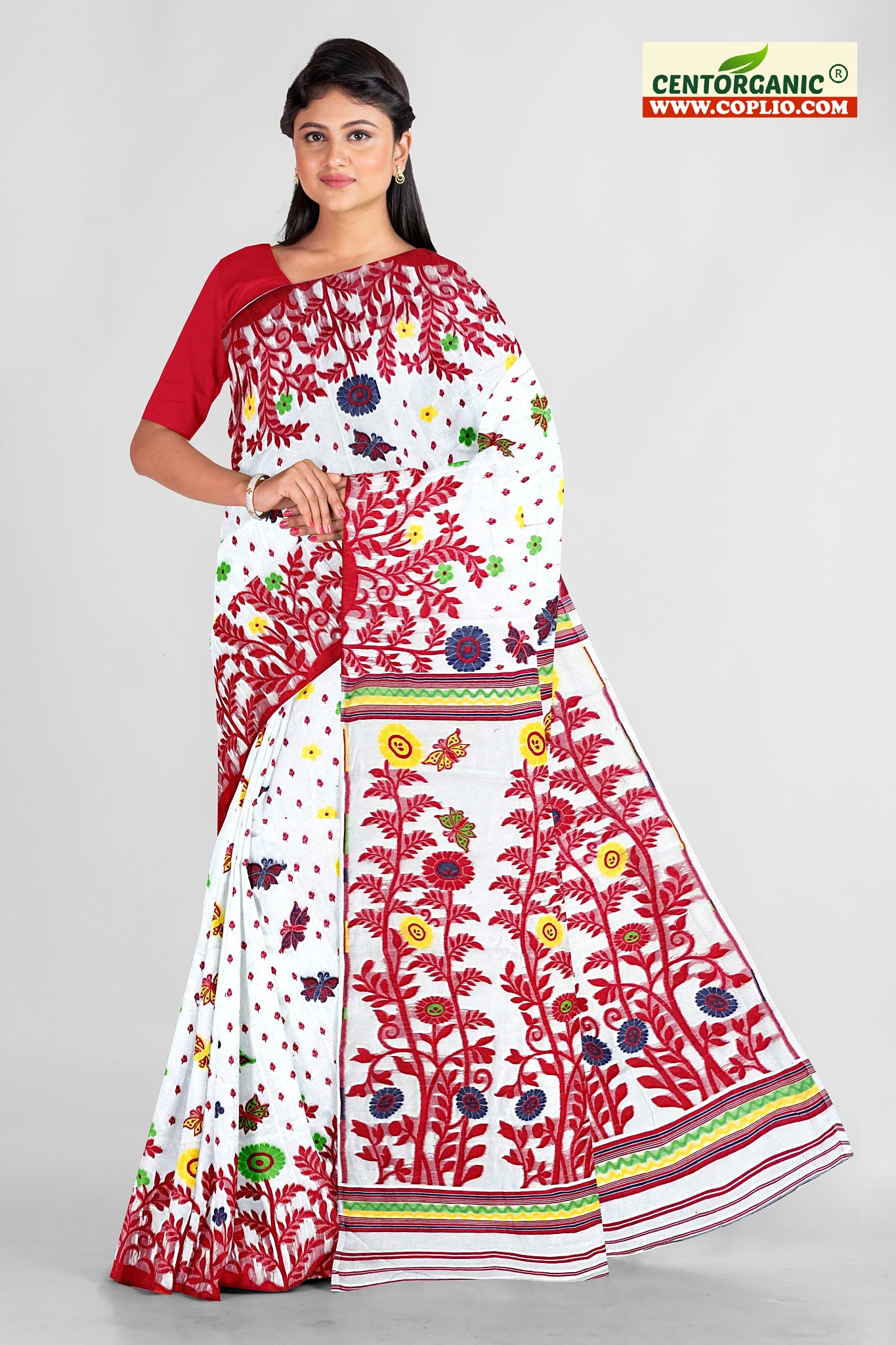 Centorganic Dhakai Soft Jamdani Bengal saree for women, All Over Butterfly weaving Design, Without Blouse Piece