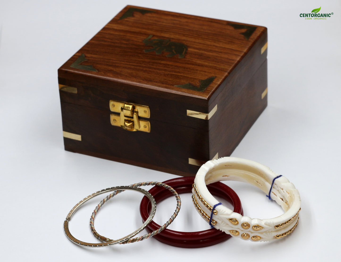 Centorganic Gold Plated sankha pola bangles for women, 1 pair of sankha, 1 pair of red pola, 2 iron noa, with free wooden jewellery box. (Design code: CSBM02)
