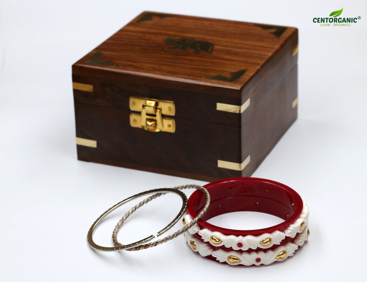 Centorganic Fashion sankha pola bangles for women, 1 pair of Fashion Imitation Kargil Sankha, 2 iron noa, with free wooden jewellery box. (Design code: CSBM11)