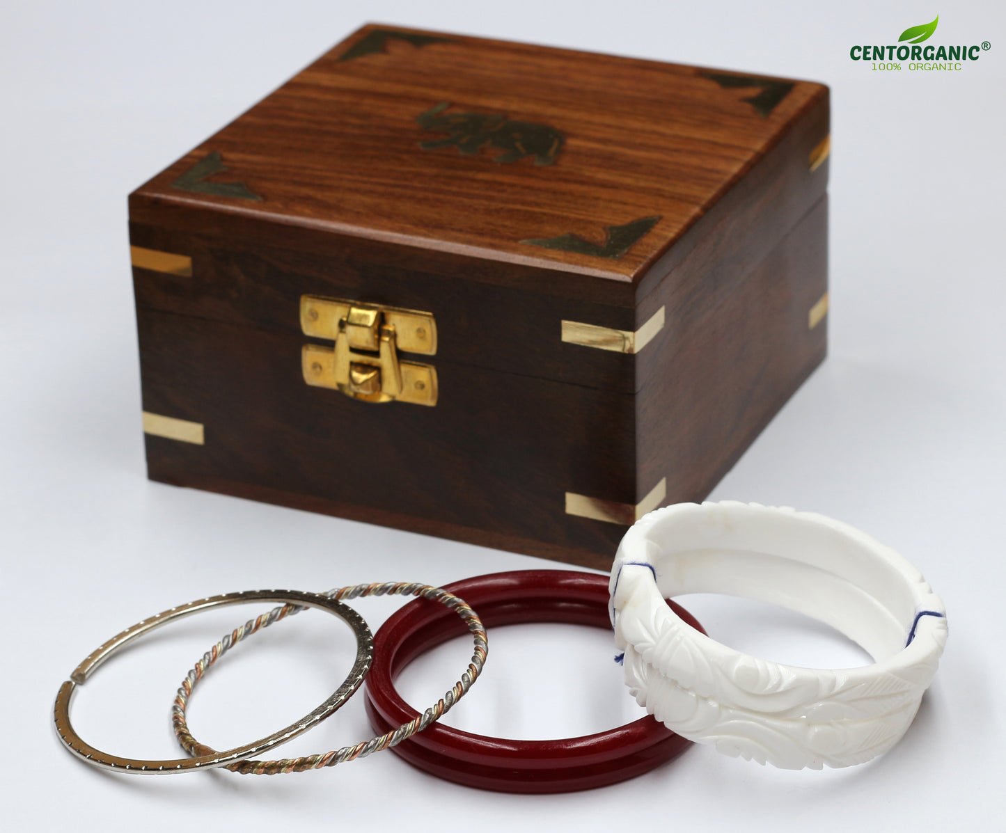 Centorganic Chura sankha pola bangles for women, 1 pair of sankha, 1 pair of red pola, 2 iron noa, with free wooden jewellery box. (Design code: CSBM05)