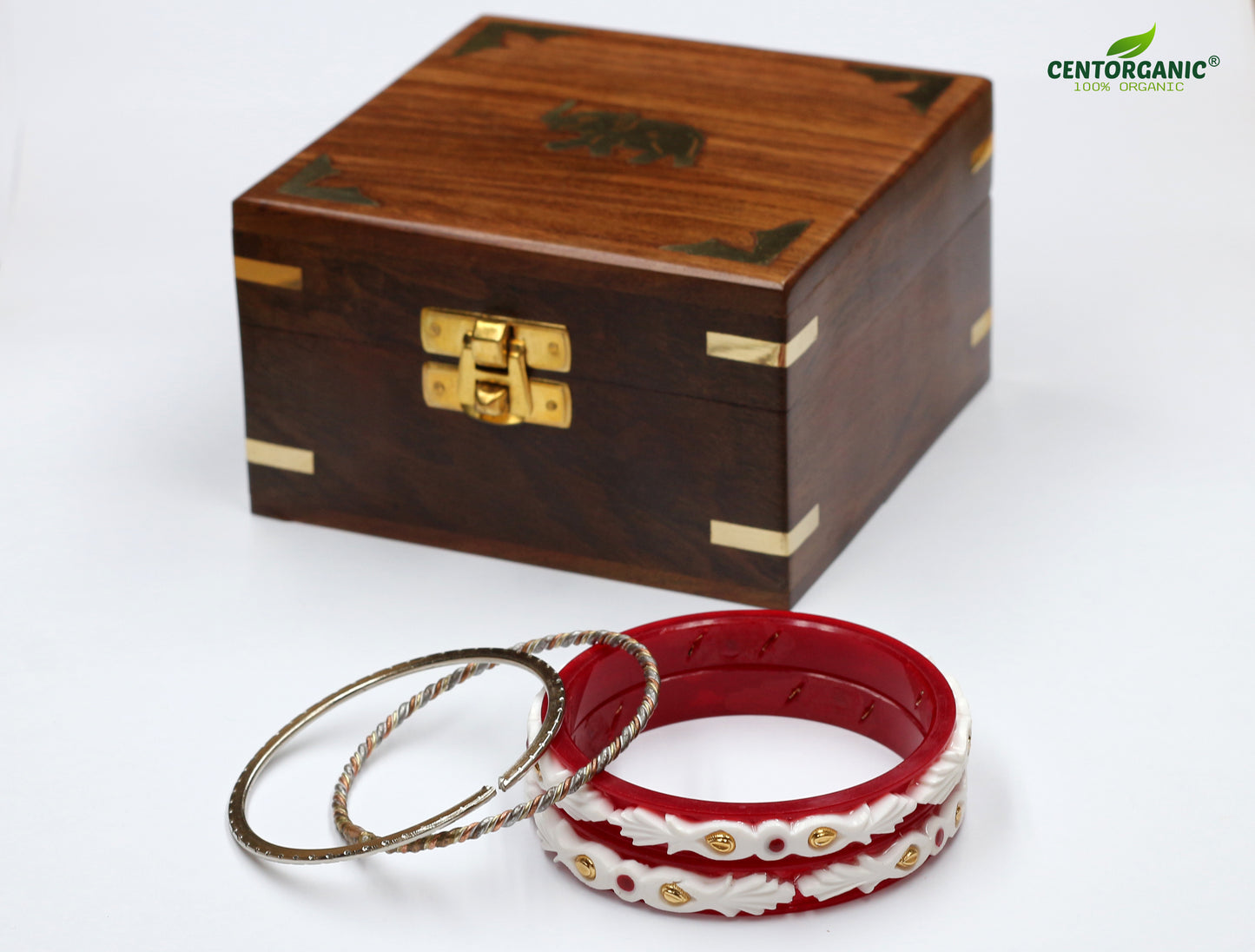 Centorganic Fashion sankha pola bangles for women, 1 pair of Fashion Imitation Kargil Sankha, 2 iron noa, with free wooden jewellery box. (Design code: CSBM12)