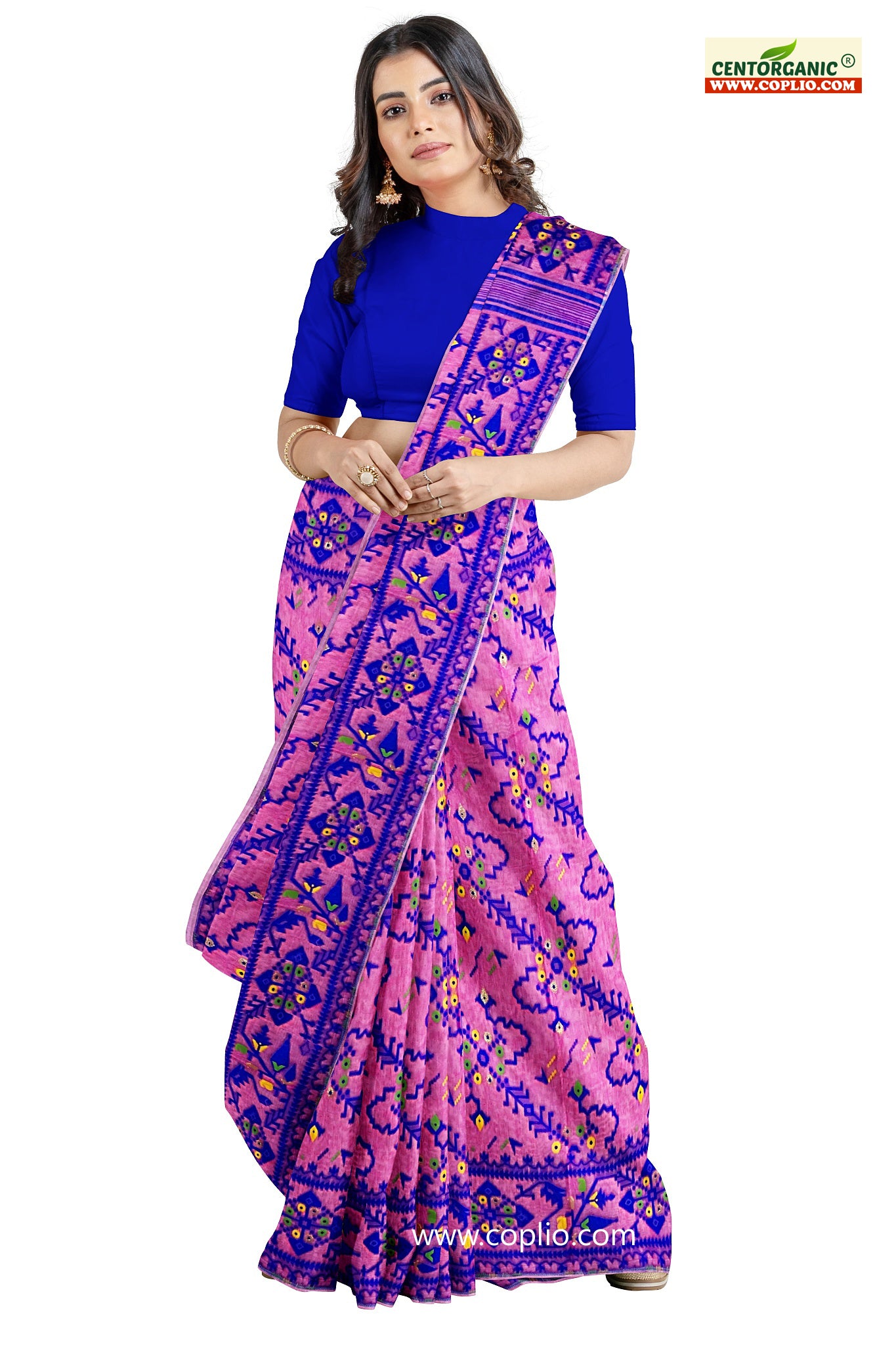 Centorganic Dhakai Soft Jamdani Bengal saree for women, All Over Weaving Arrow Design Jamdani, Without Blouse Piece