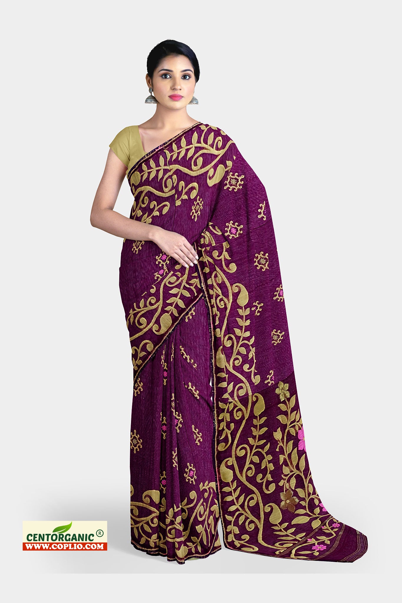Centorganic Dhakai Soft Jamdani Bengal saree for women, All Over Lota Pata Weaving Design, Without Blouse Piece