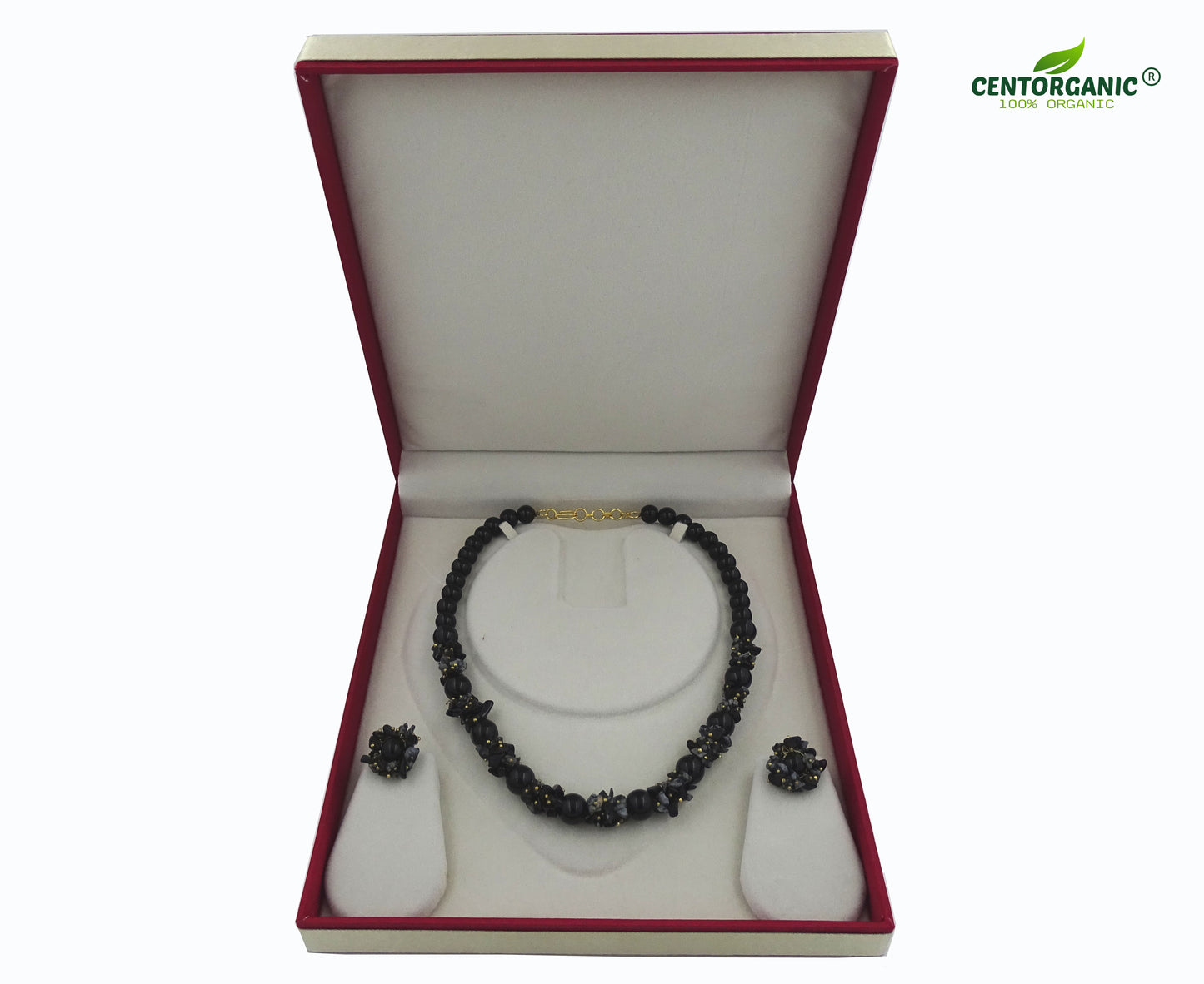 Centorganic - Semi Precious Gemstone Crystal Beads Necklace with Earring, Black Obsidian Stone chip and round bead of 10mm and 8mm 16" Mala for Girl and Women Fashion Jewellery, with beautiful jewellery box for gifting.