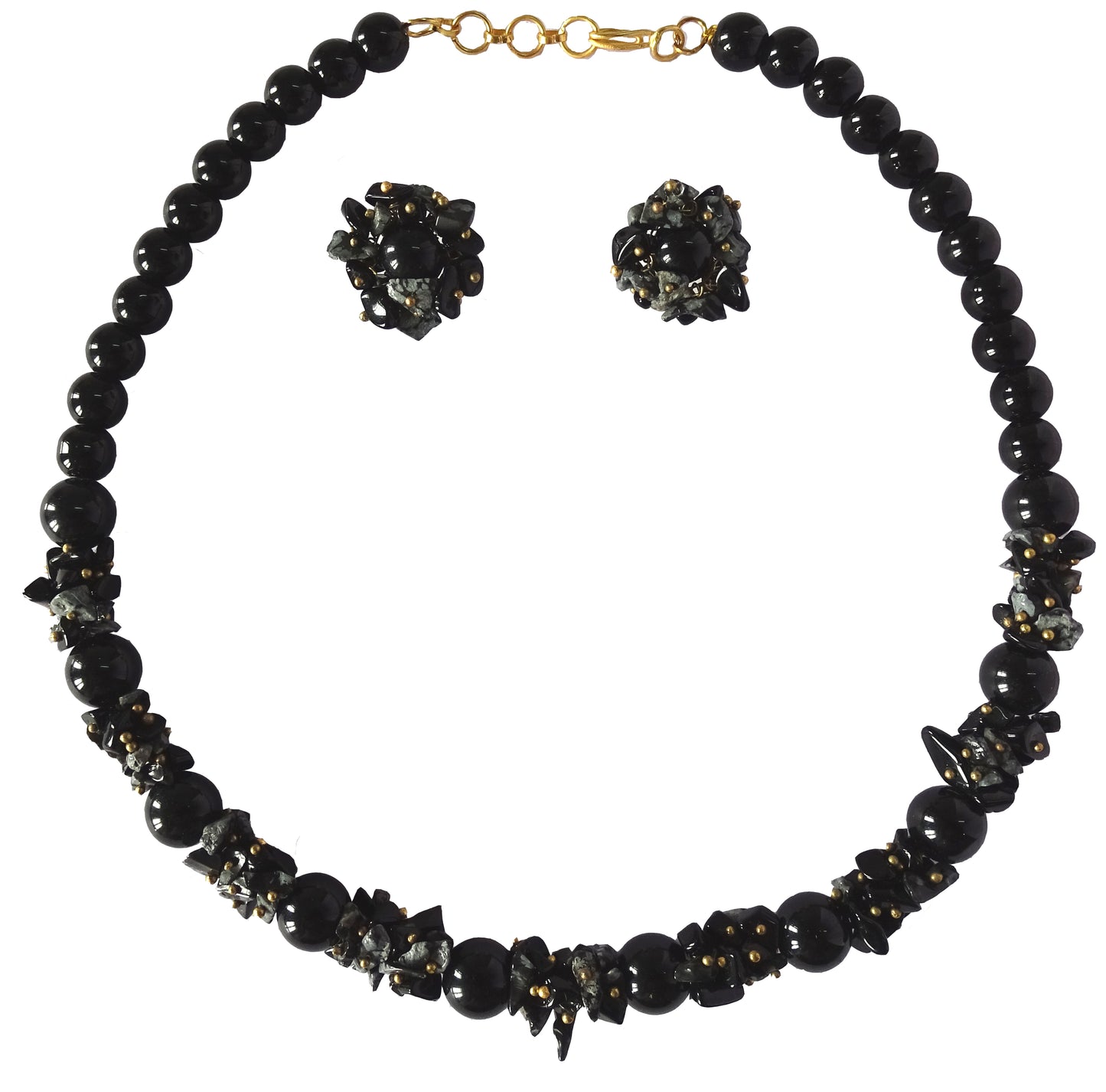 Centorganic - Semi Precious Gemstone Crystal Beads Necklace with Earring, Black Obsidian Stone chip and round bead of 10mm and 8mm 16" Mala for Girl and Women Fashion Jewellery, with beautiful jewellery box for gifting.