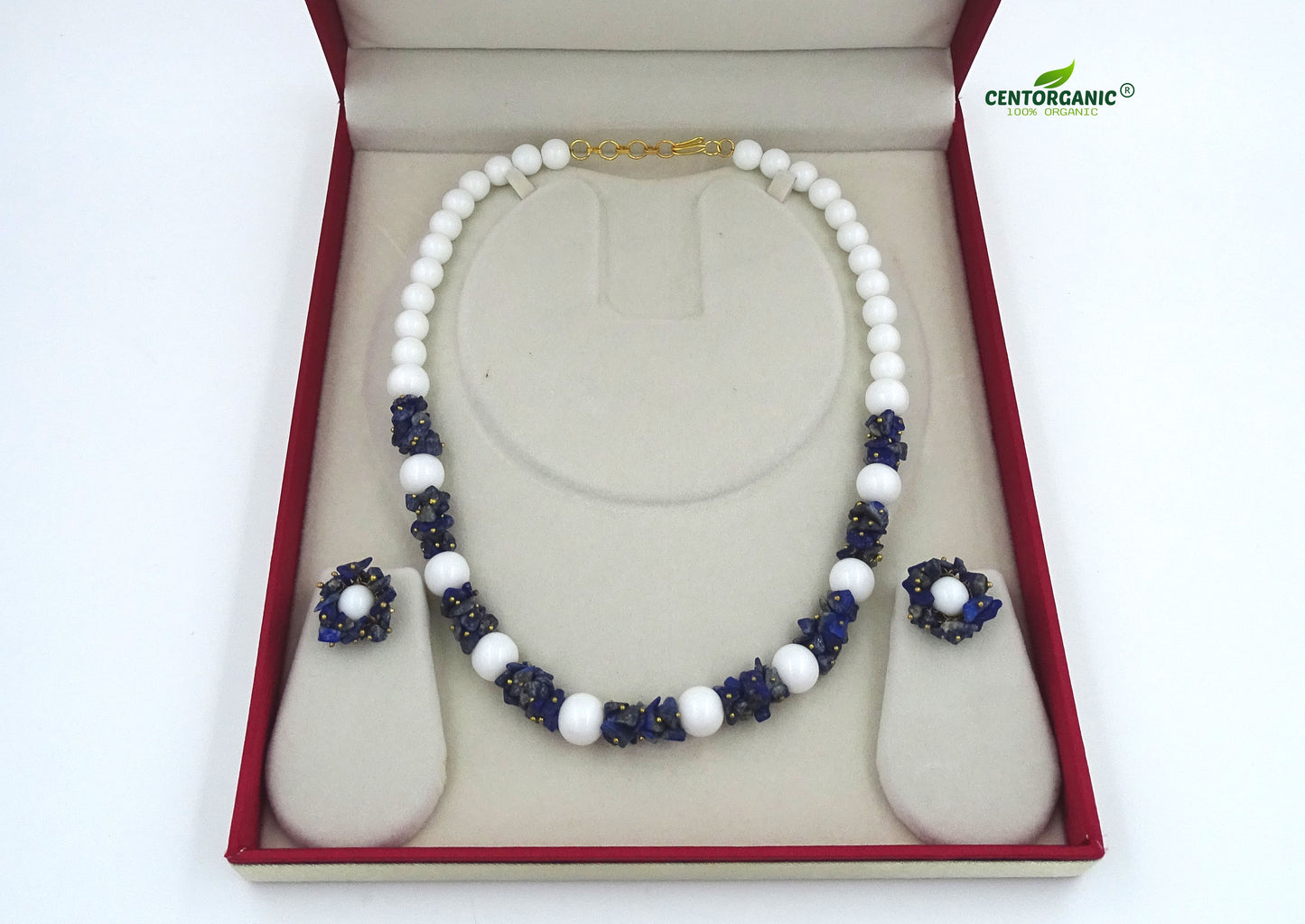 Centorganic - Semi Precious Gemstone Crystal Beads Necklace with Earring ,Lapis Lazuli Stone chip and white Jade length 16" Mala for Girl and Women Fashion Jewellery, with beautiful jewellery box for gifting.