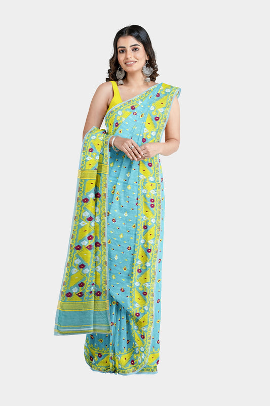 Centorganic Dhakai Soft Jamdani Bengal saree for women, All Over Weaving Korat Design, Without Blouse Piece