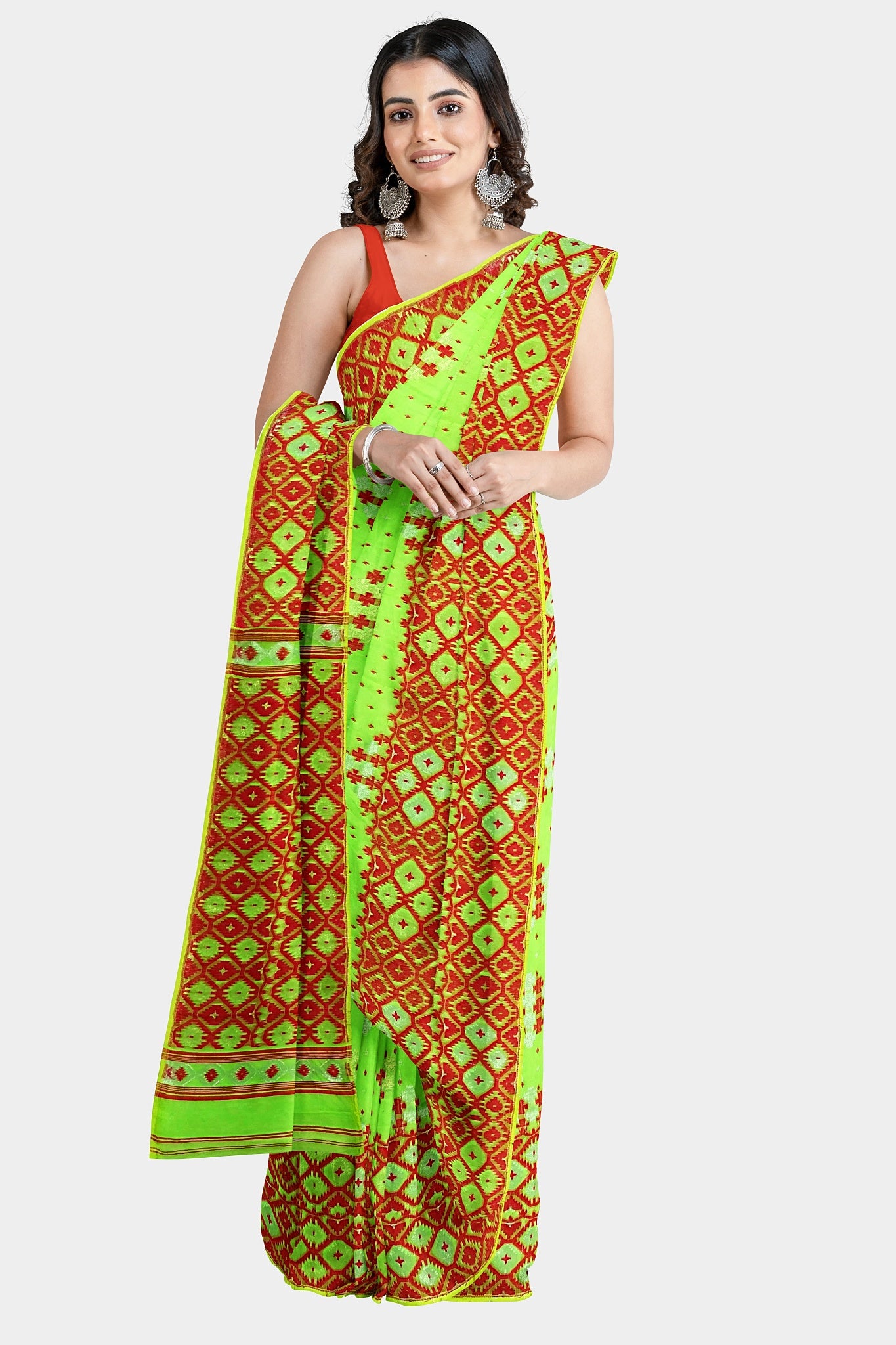 Centorganic Dhakai Soft Jamdani Bengal saree for women, All Over Weaving Barfi Design, Without Blouse Piece