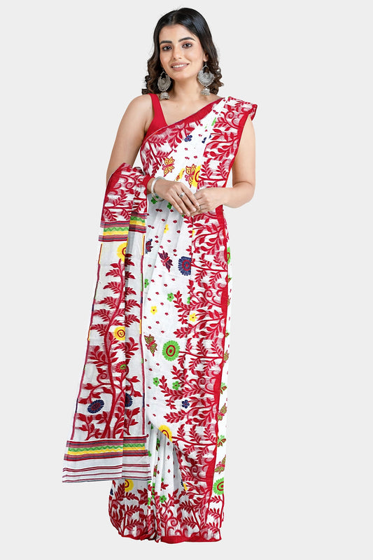 Centorganic Dhakai Soft Jamdani Bengal saree for women, All Over Butterfly weaving Design, Without Blouse Piece