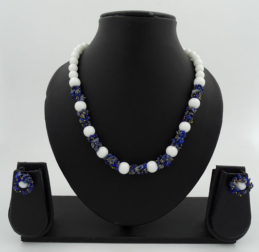 Centorganic - Semi Precious Gemstone Crystal Beads Necklace with Earring ,Lapis Lazuli Stone chip and white Jade length 16" Mala for Girl and Women Fashion Jewellery, with beautiful jewellery box for gifting.