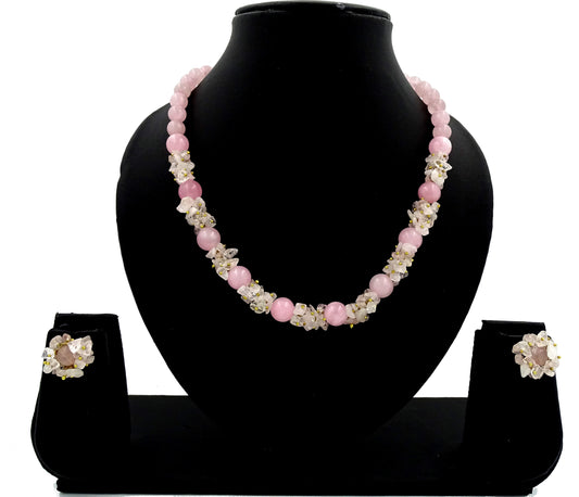 Centorganic - Semi Precious Gemstone Crystal Beads Necklace with Earring ,Rose Quartz Stone chip, round bead of 10mm, 8mm and length 16" Mala for Girl and Women Fashion Jewellery, with beautiful jewellery box for gifting.