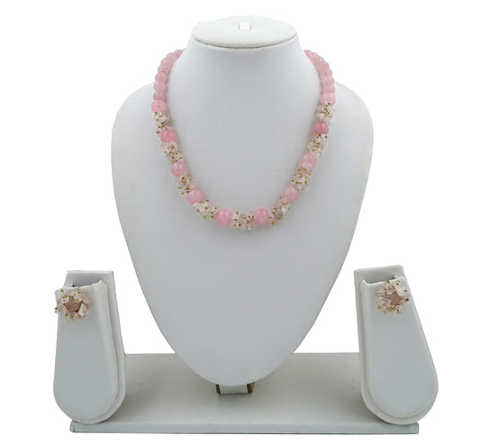 Centorganic - Semi Precious Gemstone Crystal Beads Necklace with Earring ,Rose Quartz Stone chip, round bead of 10mm, 8mm and length 16" Mala for Girl and Women Fashion Jewellery, with beautiful jewellery box for gifting.