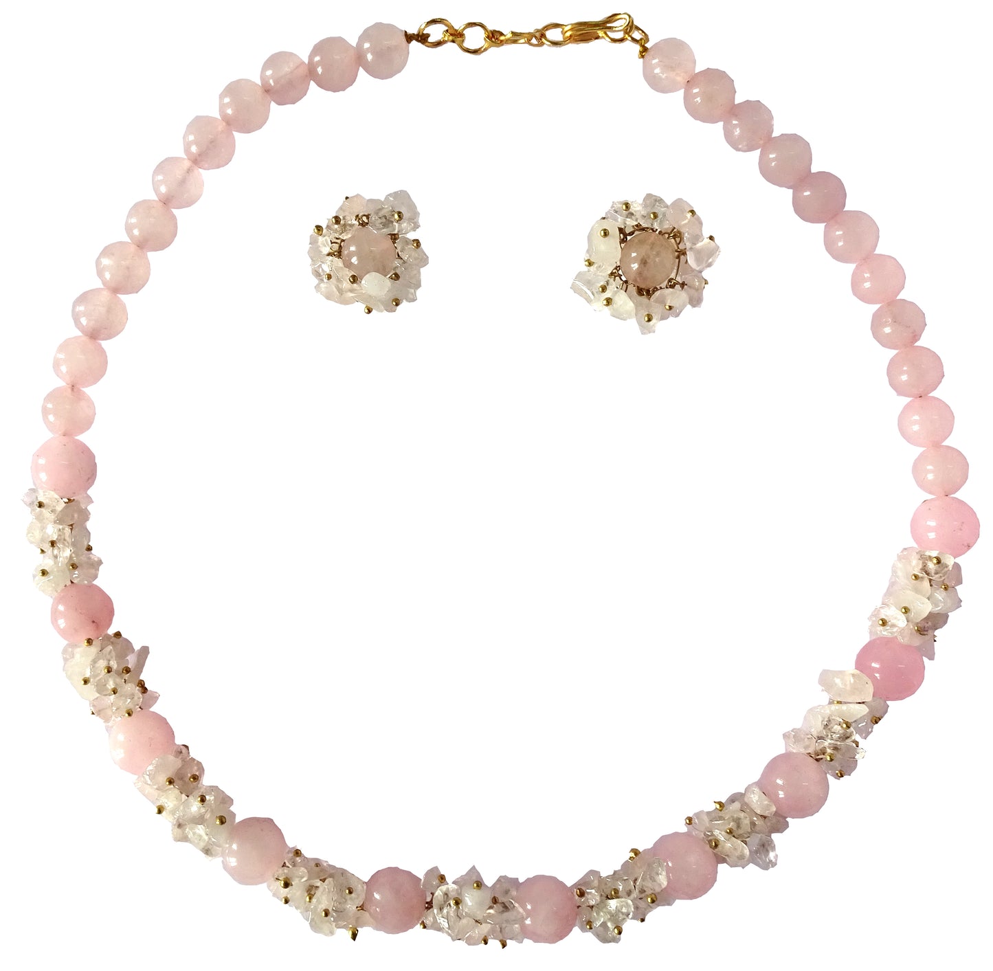 Centorganic - Semi Precious Gemstone Crystal Beads Necklace with Earring ,Rose Quartz Stone chip, round bead of 10mm, 8mm and length 16" Mala for Girl and Women Fashion Jewellery, with beautiful jewellery box for gifting.