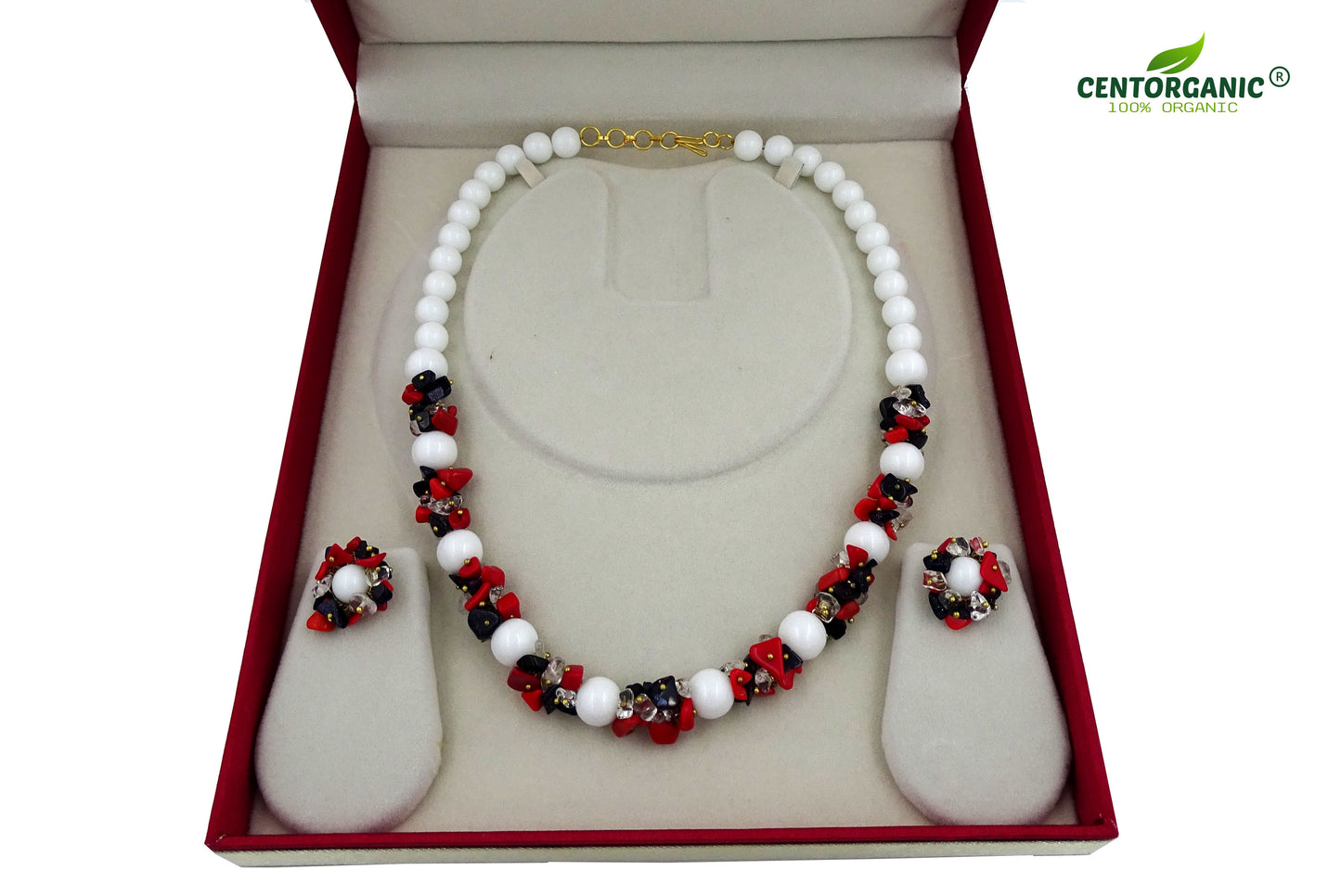 Centorganic - Semi Precious Gemstone Crystal Beads Necklace with Earring ,Red Jasper Stone chip, black Obsidian chip, clear quartz chip and white Jade length 16" Mala for Girl and Women Fashion Jewellery, with beautiful jewellery box for gifting.
