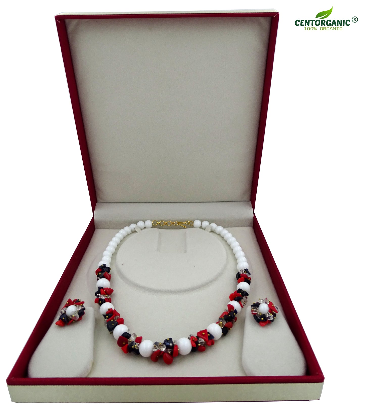 Centorganic - Semi Precious Gemstone Crystal Beads Necklace with Earring ,Red Jasper Stone chip, black Obsidian chip, clear quartz chip and white Jade length 16" Mala for Girl and Women Fashion Jewellery, with beautiful jewellery box for gifting.